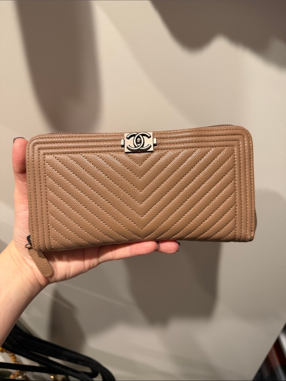 CHANEL Chevron Zip-Around Wallet in Taupe Brown